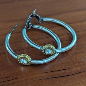 BRIGHTON "TWINKLE" SILVER GOLD TWO TONE ROUND RHINESTONE MEDIUM HOOP EARRINGS